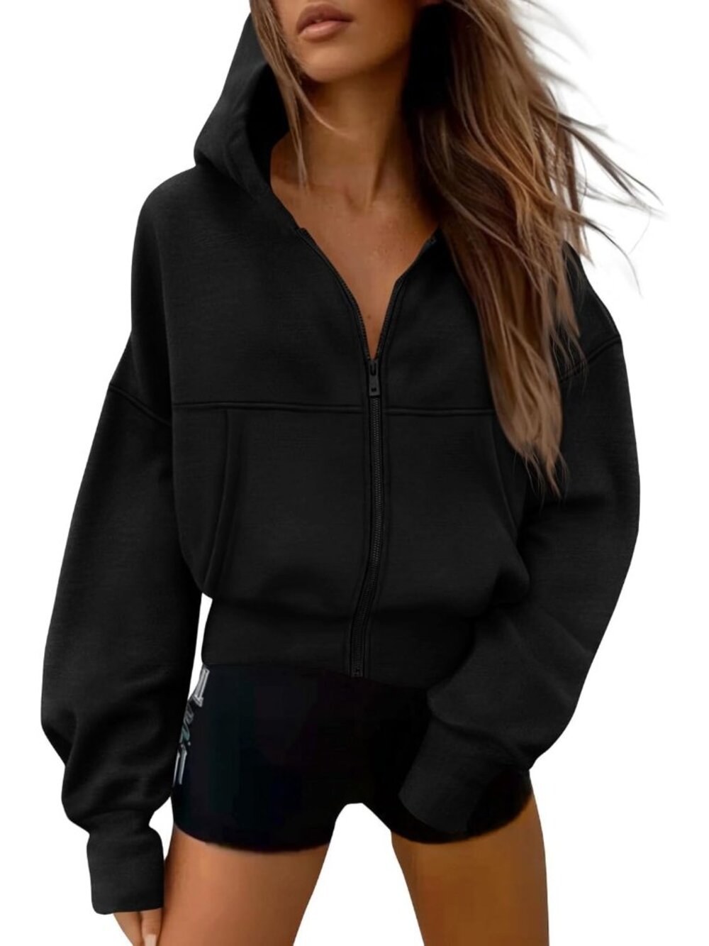 Women's Black Long Sleeve Zip Up Hoodie Casual Fall Fleece Sweatshirt Jacket